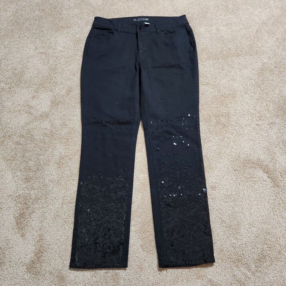 Chico's Platinum Jeans Women 1.5 US 10 Black Sequin Detail Straight Leg Stretch